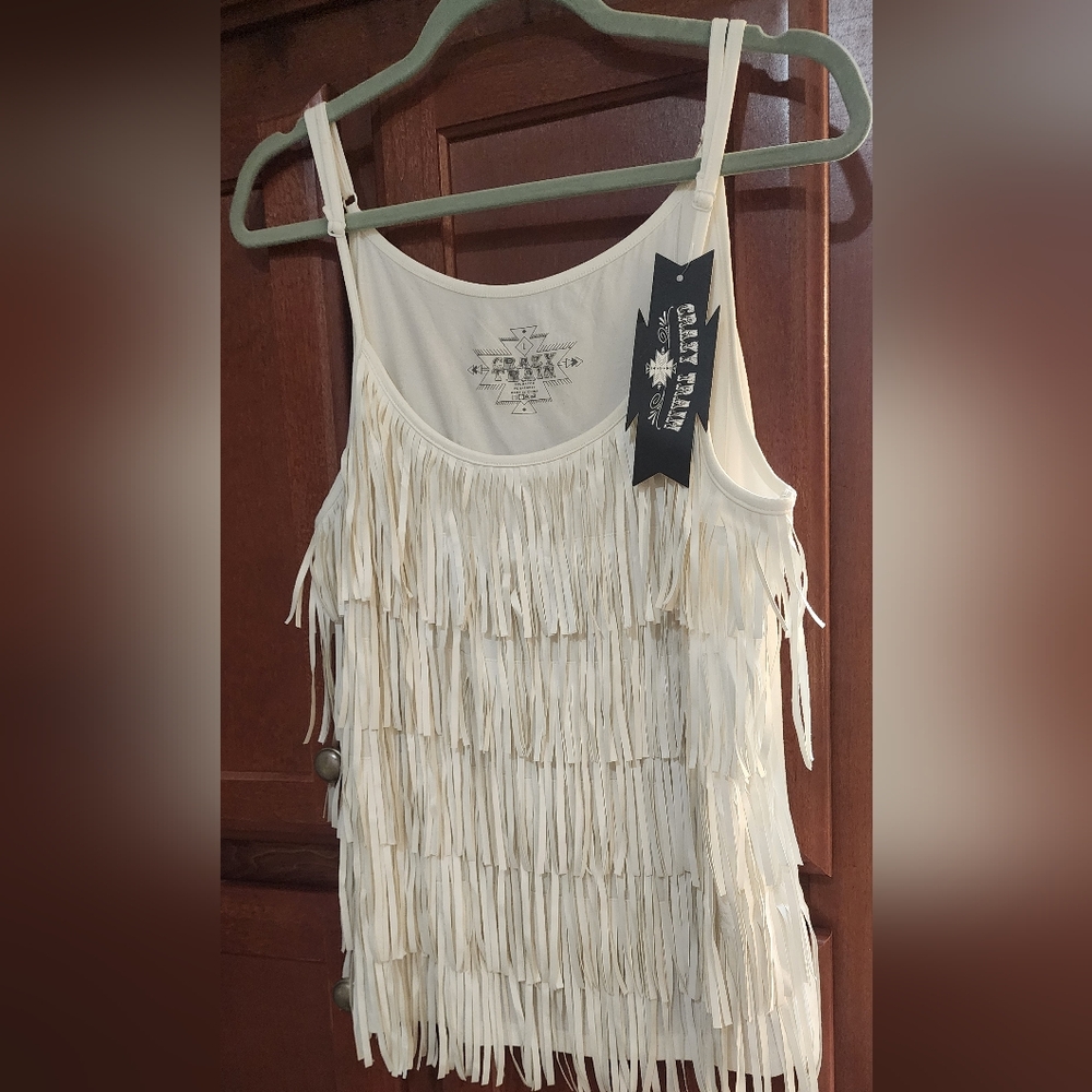 Crazy train white fringe tank